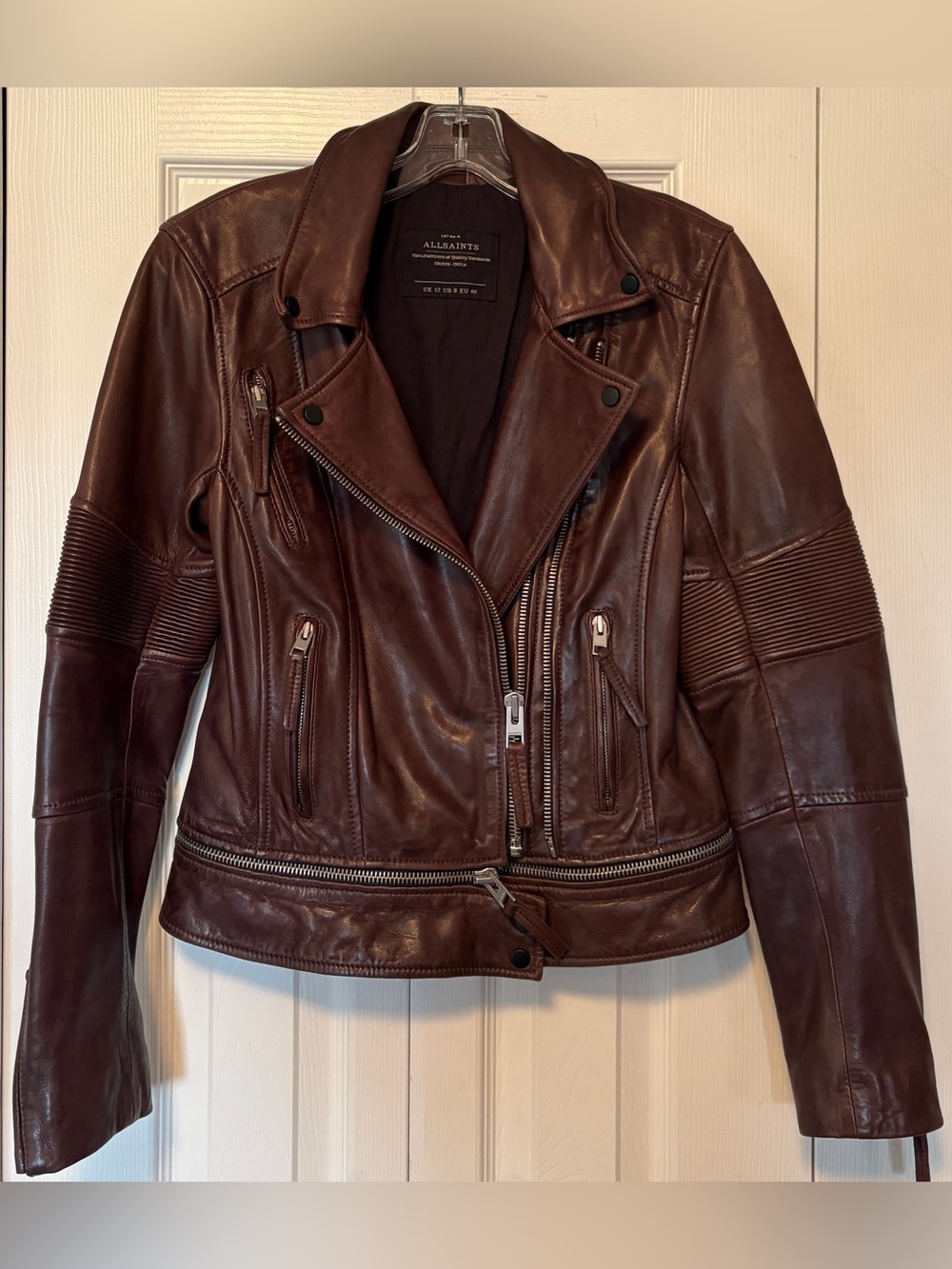 AllSaints Assembly Convertible Leather Biker Jacket, Deep Chocolate Brown Size 8